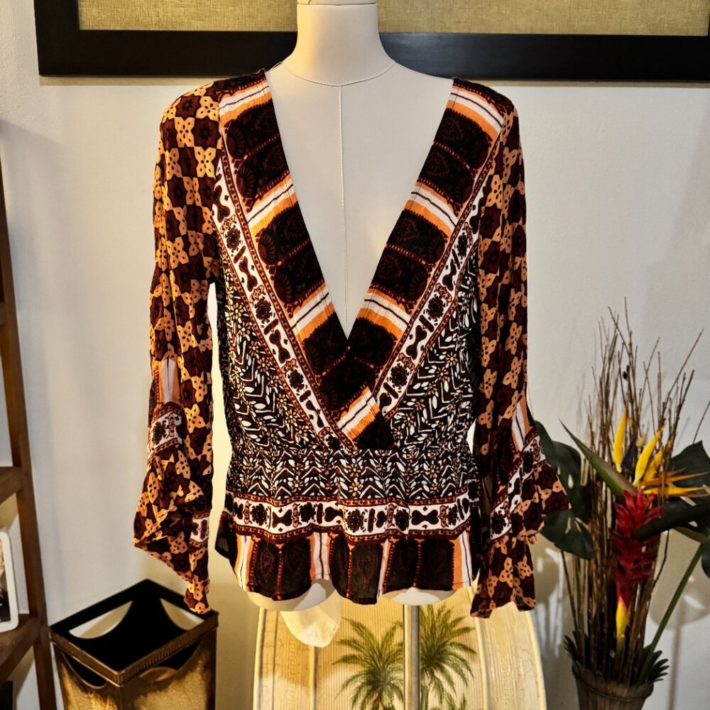 NWT Free People Womens Rosalie Faux Wrap Peplum Long Sleeve Blouse Top $78 Small